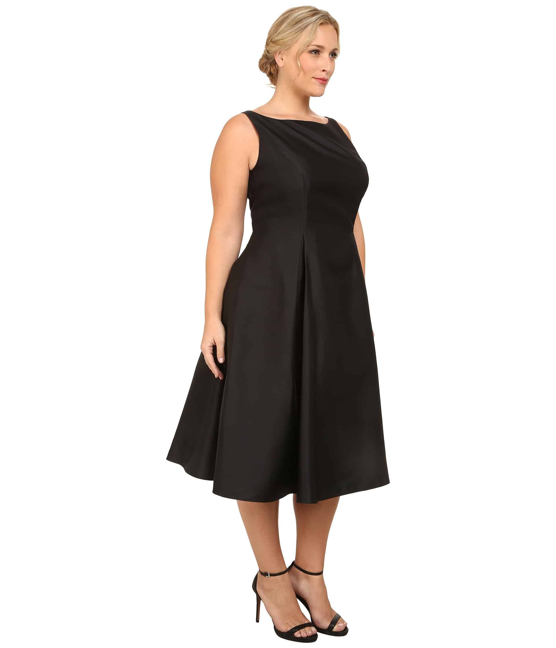 Adrianna Papell Satin Plus Size Sleeveless Tea Length Dress in Black