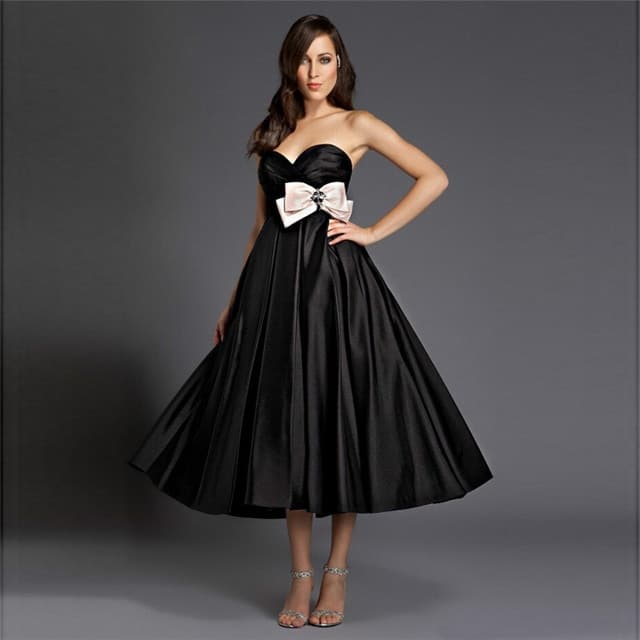 Elegant Black Satin Bridesmaid Dresses Tea Length A Line Sweetheart ...