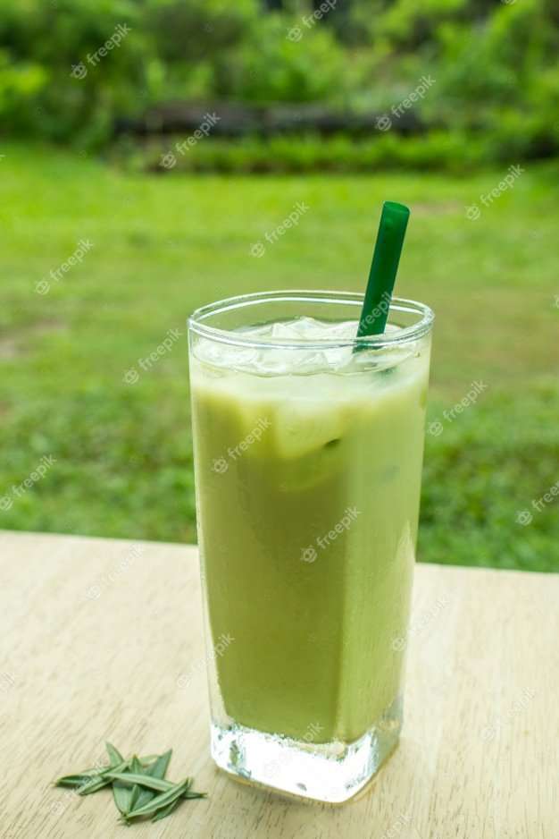 Home made matcha iced green tea with milk, latte tea with ...