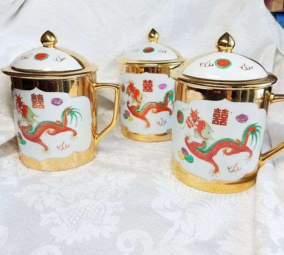 Vintage Chinese Dragon Lidded Tea Cups Set of 3, Gold ...